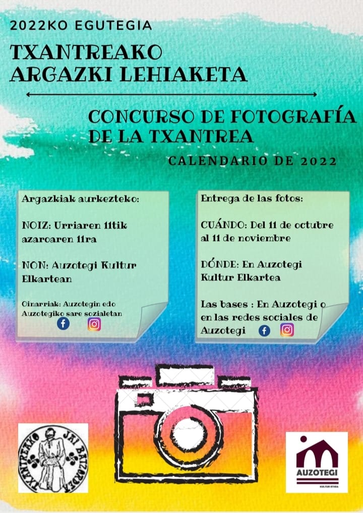 eztandatx's tweet photo. ARGAZKI LEHIAKETA|

2022ko egutegirako argazki lehiaketa martxan dago!! @auzotegi eta @TBatzordea -ri galdetu informazio gehio jasotzeko.

Ya está en marcha el concurso de fotografía para el calendario 2022 de la Txantrea. Para más información preguntar a @auzotegi ó @TBatzordea https://t.co/6fjvNcGWEn