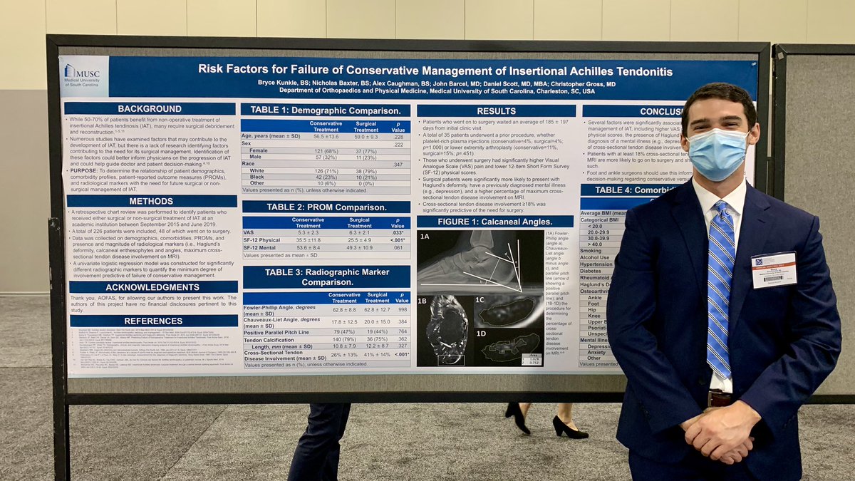 MUSC_FA's tweet photo. Interested in what factors are associated with the need for surgical management of IAT? Come talk to MS4, Bryce Kunkle at @AOFAS Poster Session II! https://t.co/X3t3F1AlTr