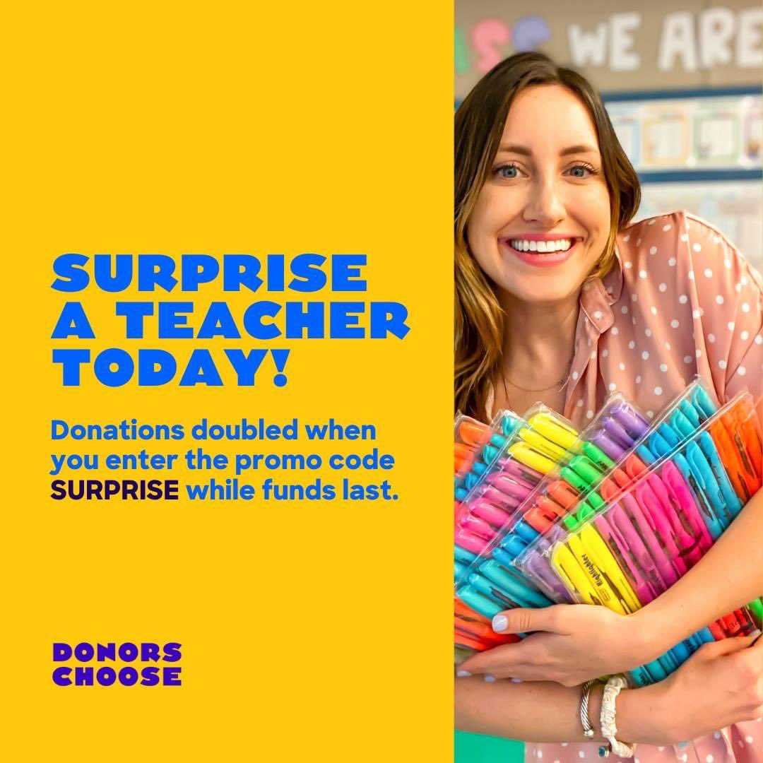 If your thinking about helping a local teacher, today is the day to do it! If you donate on donors choose and use the promo code SURPRISE at check out, your donation will be doubled! #DonorsChoose <a href="/DonorsChoose/">DonorsChoose</a> #techteachers #STEMeducation donorschoose.org/project/electr…