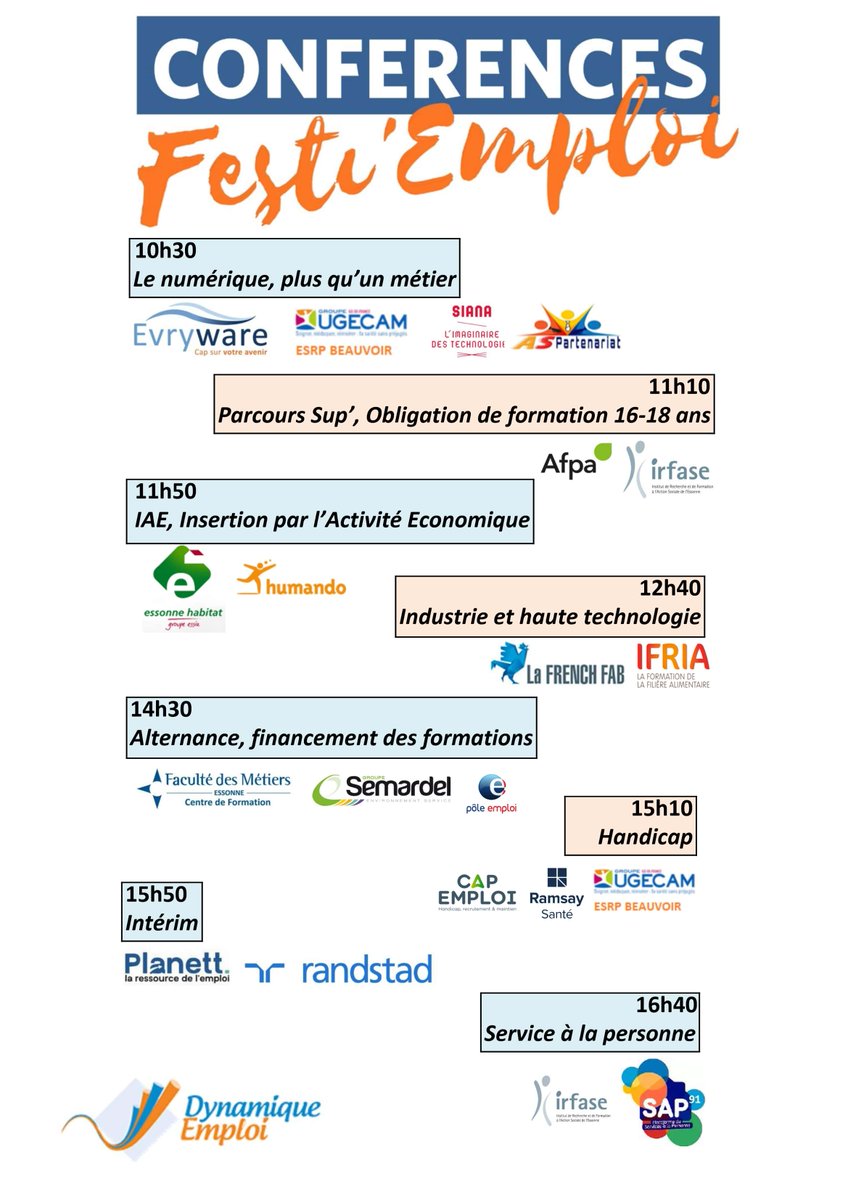 Les équipes et les partenaires continuent de préparer Festi'Emploi ! 
Aujourd'hui nous vous partageons le programme des conférences pour petits et grands, partenaires et publics. On a hâte de vous retrouver...
 lnkd.in/dtvk7ajP