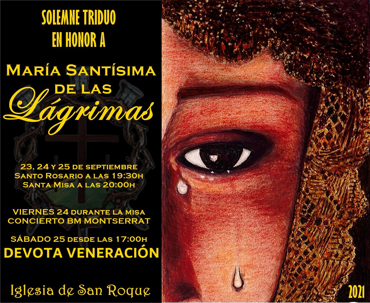 📓 Hoy y mañana, continuación del Triduo en honor en honor a María Santísima de las Lágrimas. <a href="/calvarioalmeria/">Calvario Almería</a>.

Además, hoy, concierto de <a href="/BMMonserratALM/">B.M. Ntra. Sra. Montserrat</a> y mañana, Veneración.