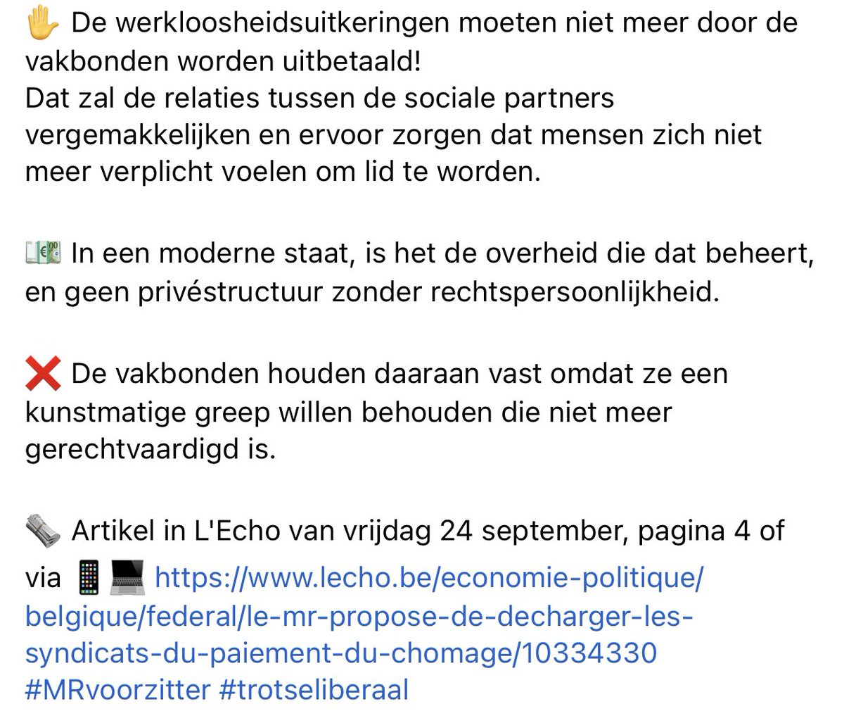 ✋ De werkloosheidsuitkeringen moeten niet meer door de vakbonden worden uitbetaald!
💶 In een moderne staat, is het de overheid die dat beheert, en geen privéstructuur zonder rechtspersoonlijkheid.
🗞 <a href="/lecho/">L'Echo</a> of📱💻 lecho.be/economie-polit…
#MRvoorzitter #trotseliberaal