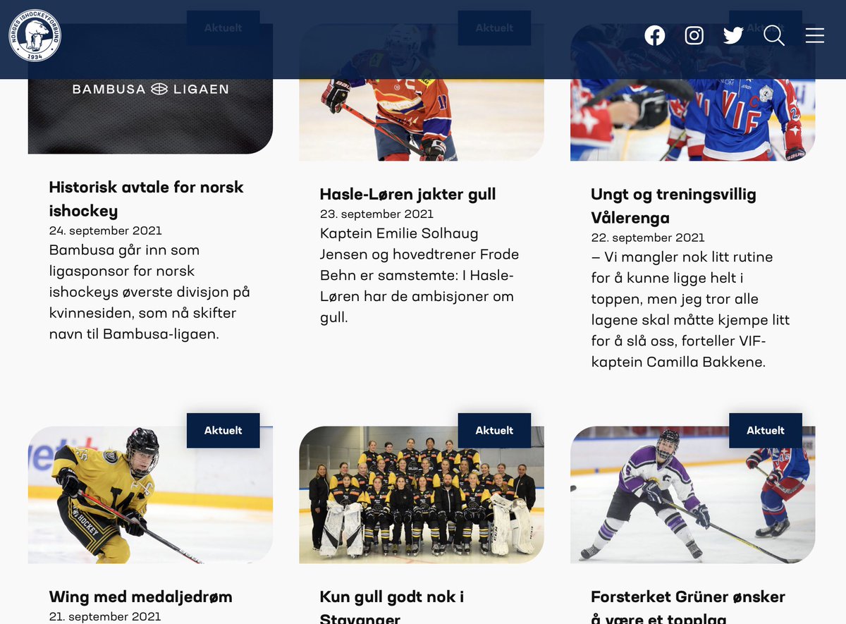 tagep's tweet photo. Dette er et øyeblikksbilde av hjemmesiden til @norskishockey i dag! Syv av de åtte øverste sakene hendler om kvinnehockey 💪🏒 #littstolt https://t.co/JpkhJG2b34