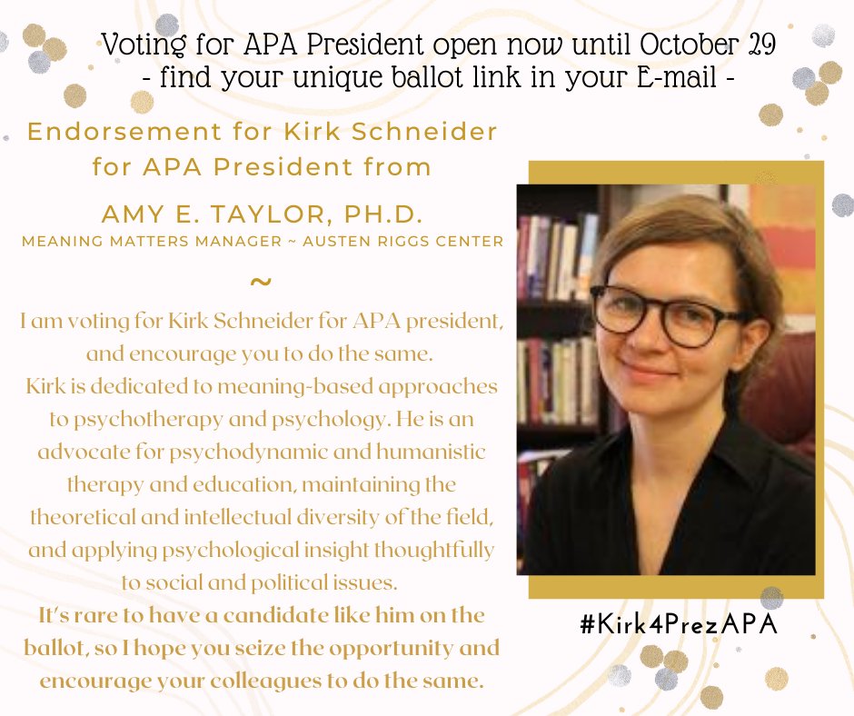 kirk_apa's tweet photo. Deeply appreciative of Dr. Amy Taylor's support for my Presidential run - please vote if you have not done so already (open through October 29 - unique ballot links have been emailed to APA Members on September 15), many thanks for your continued support. #Kirk4PrezAPA https://t.co/Qp3pEWITQ7