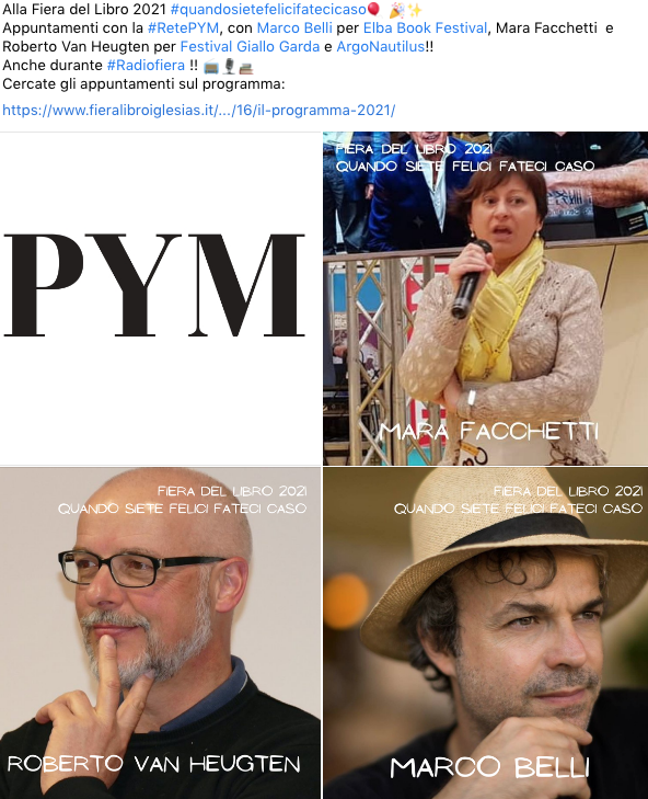 FLibroIglesias's tweet photo. Alla Fiera del Libro 2021 #quandosietefelicifatecicaso🎈 🎉✨
Appuntamenti con la #RetePYM, con Marco Belli per Elba Book Festival, Mara Facchetti  e Roberto Van Heugten per Festival Giallo Garda e ArgoNautilus!!
Anche durante #Radiofiera !! 📻🎙📚
https://t.co/QTvPHBooYL https://t.co/XLd0bzUMKm