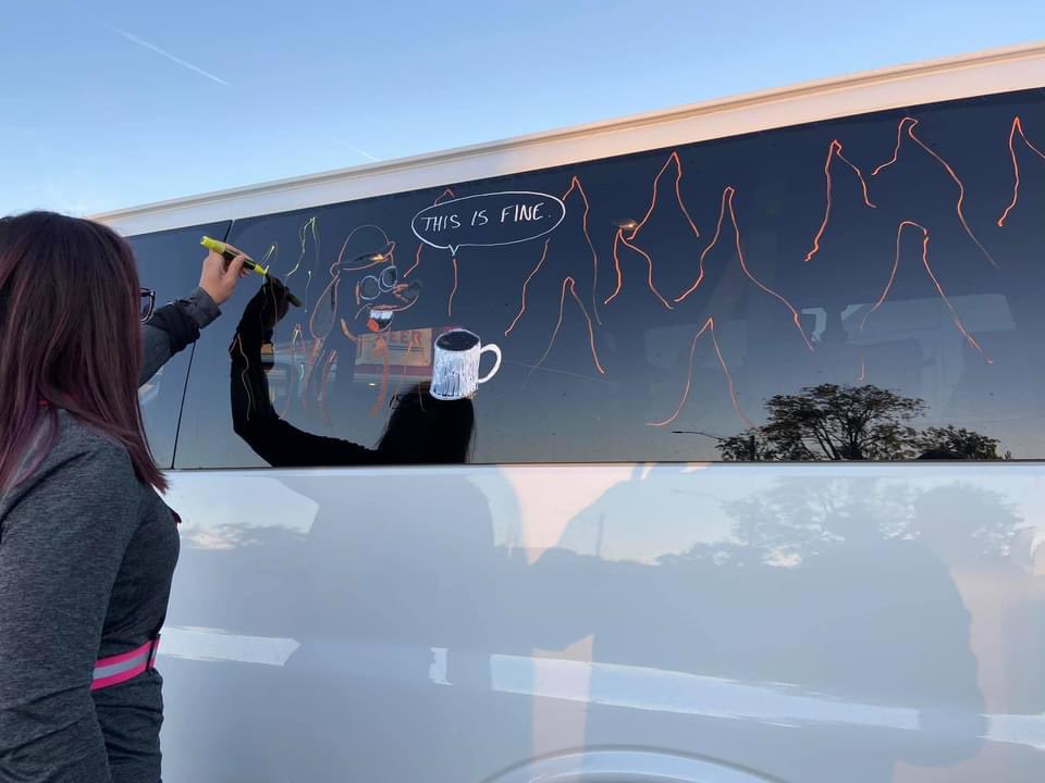 ElleMcPoopson's tweet photo. Ragnar is fully underway! #van1 #ThisIsFine https://t.co/y9SodbD8Dr