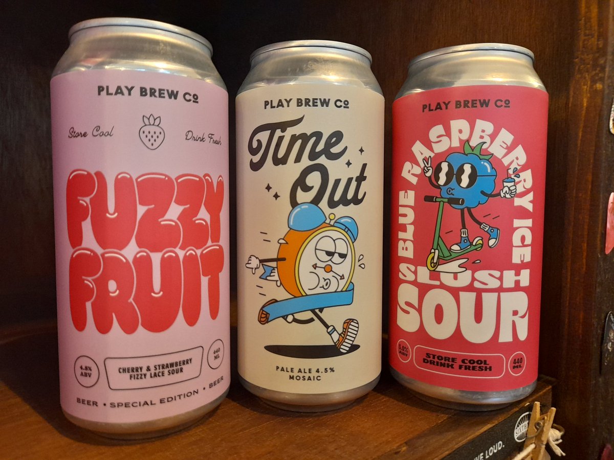 Our new @PlayBrewCo consignment has arrived. 
From the left:
FUZZY FRUIT
Cherry &amp; Strawberry Fizzy Lace Sour
TIME OUT
Mosaic Pale Ale
BLUE RASPBERRY ICE SLUSH SOUR
All are #Vegan friendly

Plus fresh stock of their popular ORANGE &amp; MANGO FRUITY POPSICLE SOUR
#craftbeer #veganbeer