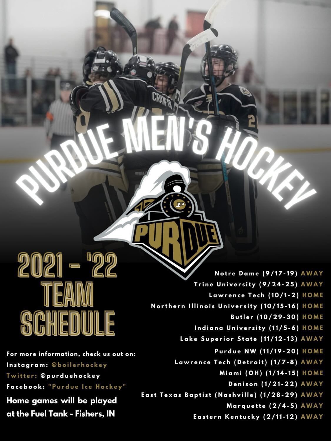 Purdue University Hockey on Twitter: "The 2021-2022 Purdue Boilermakers  Hockey schedule is out! Big game against the Trine Thunder tonight at 9:15  PM https://t.co/jCG8bZBm2O" / Twitter