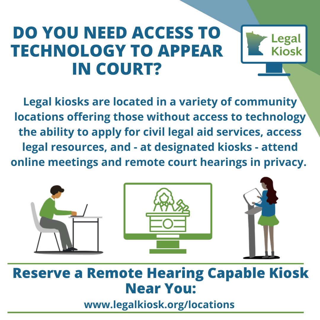 lsnmlaw's tweet image. Have you received a summons for a virtual hearing, but don’t have access to technology or a private location to attend the hearing? Reserve a remote hearing capable kiosk at legalkiosk.org/locations.

#LegalAid #LegalKiosk #AccessToJustice #ReachJusticeMinnesota