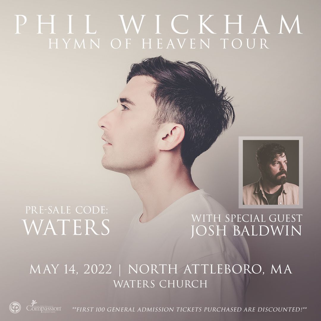 waterschurch's tweet photo. NOW-Sun, Sept 26th @ 10PM, Waters Church Members receive a discount on General Admission tickets to the Phil Wickham and Josh Baldwin Hymn of Heaven Tour coming in May! Discount applies to the first 100 tickets only.
Ticket Code: WATERS
Ticket Link:  https://t.co/SNhaHM9KDx https://t.co/PMCgdV6Uhm