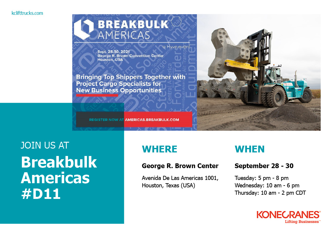 KCLiftTrucks's tweet photo. Are you in #Houston, Texas next week? Come and visit #Konecranes at #Breakbulk Americas at the George R. Brown Center. We are at booth #D11 ready to show you our product and equipment features. What are you waiting for? Join us! 
#kclifttrucks  #bulkhandling https://t.co/aUwCCeXhy3