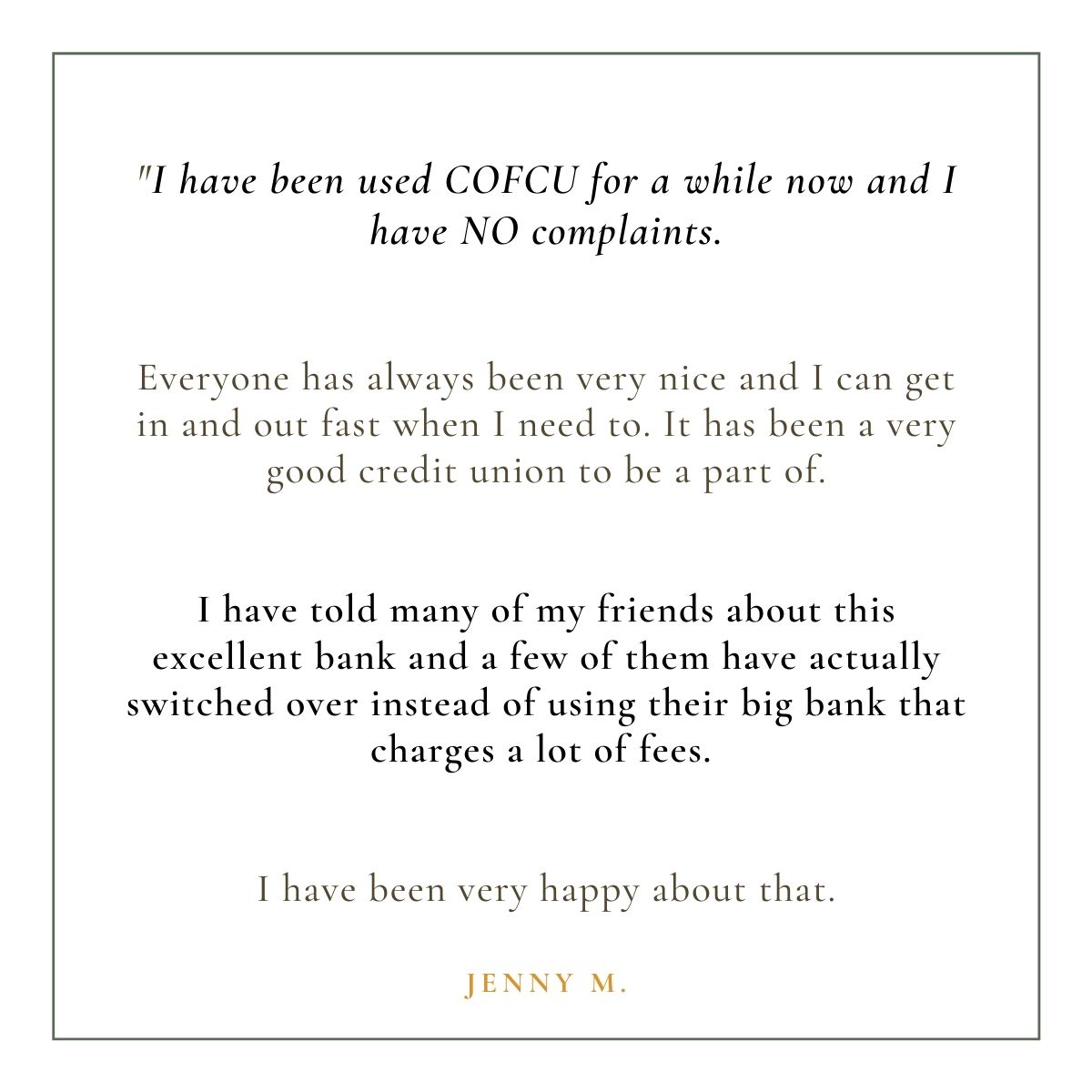 Thank you for this wonderful feedback, Jenny! At CommonWealth One, we pride ourselves on our low transaction fees and friendly customer support. Let us know what YOU love about COFCU! https://t.co/utfUqhmX7M