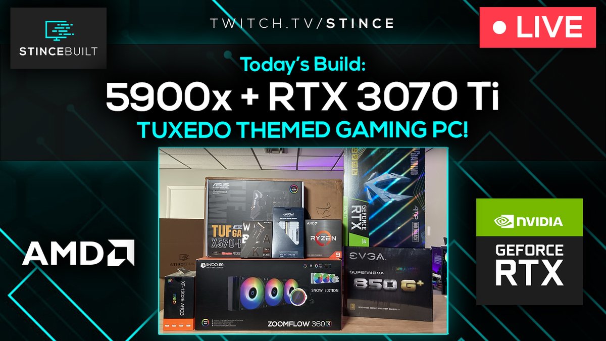 StinceBuilt's tweet photo. Good Morning - We're LIVE! 🔴🔴

Today's a beautiful 5900x + 3070 Ti Tuxedo/Storm trooper style build!

Come check it out:
https://t.co/V4DNGC7eHU

#Live #PCBuilding #Twitch https://t.co/7QMI2Ywse8