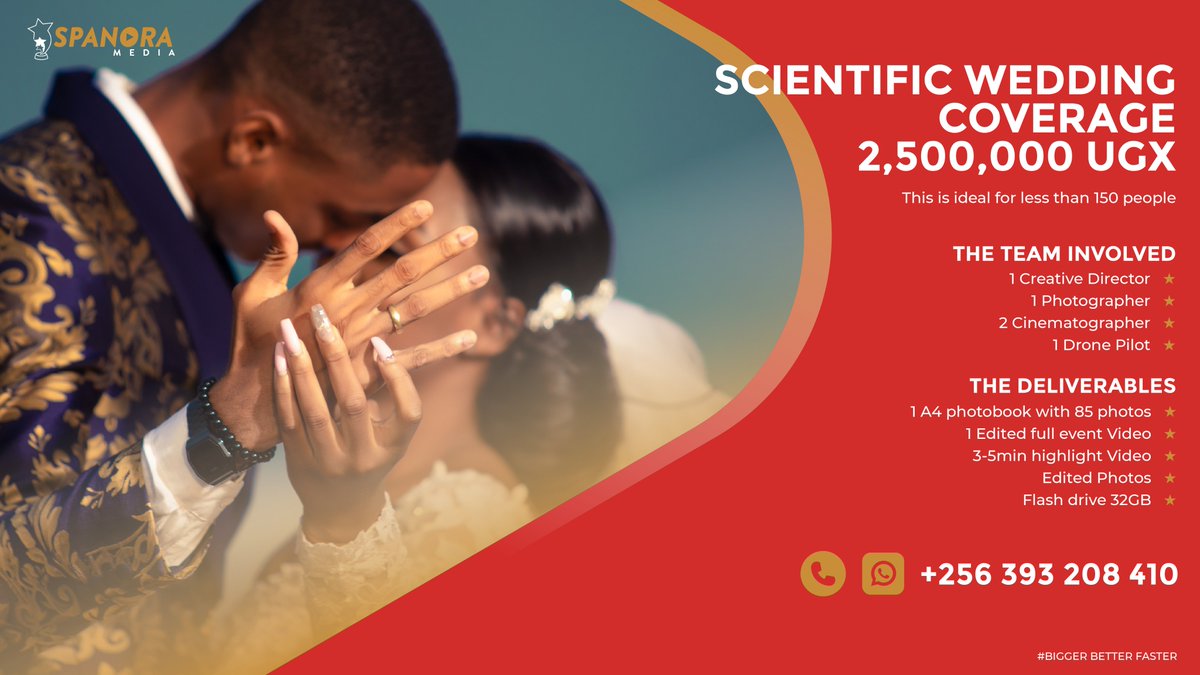 SpanoraMedia's tweet photo. Professional Wedding Coverage at a price you can afford. Contact us now on +256 393 208 410.
#Spanora #SpanoraMedia #ScientificWeddingCoverage
#WeddingPhotography #WeddingVideography #Photography
#Videography #VideoProduction #WeddingCoverage https://t.co/jq4in3c4mJ