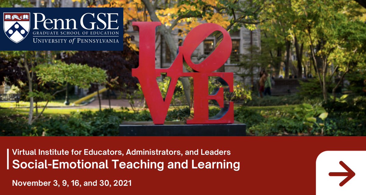 Join me in the <a href="/PennGSE/">Penn GSE</a> Social-Emotional Teaching and Learning Virtual Institute. 

Learn how to integrate equity-oriented social-emotional teaching and learning into your practice and build a community for continued support and collaboration.
To register: bit.ly/3u6rlUW