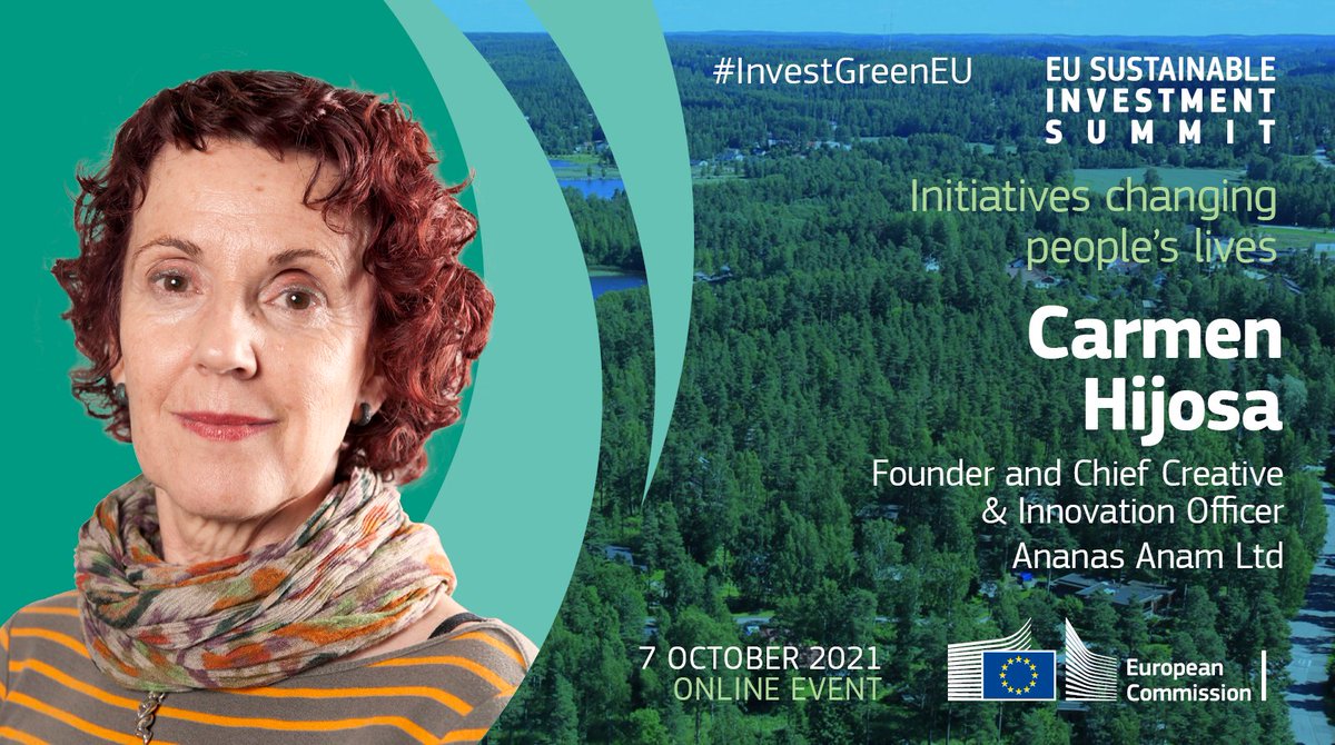 At the 🇪🇺 EU Sustainable Investment Summit we'll also talk about initiatives changing people’s lives. ✨

Tune in on 7 October to hear Carmen Hijosa, Founder of @PinatexOfficial 🍍, share her vision vision for a more sustainable future. 
👉 ec.europa.eu/sustainable-in…  #InvestGreenEU