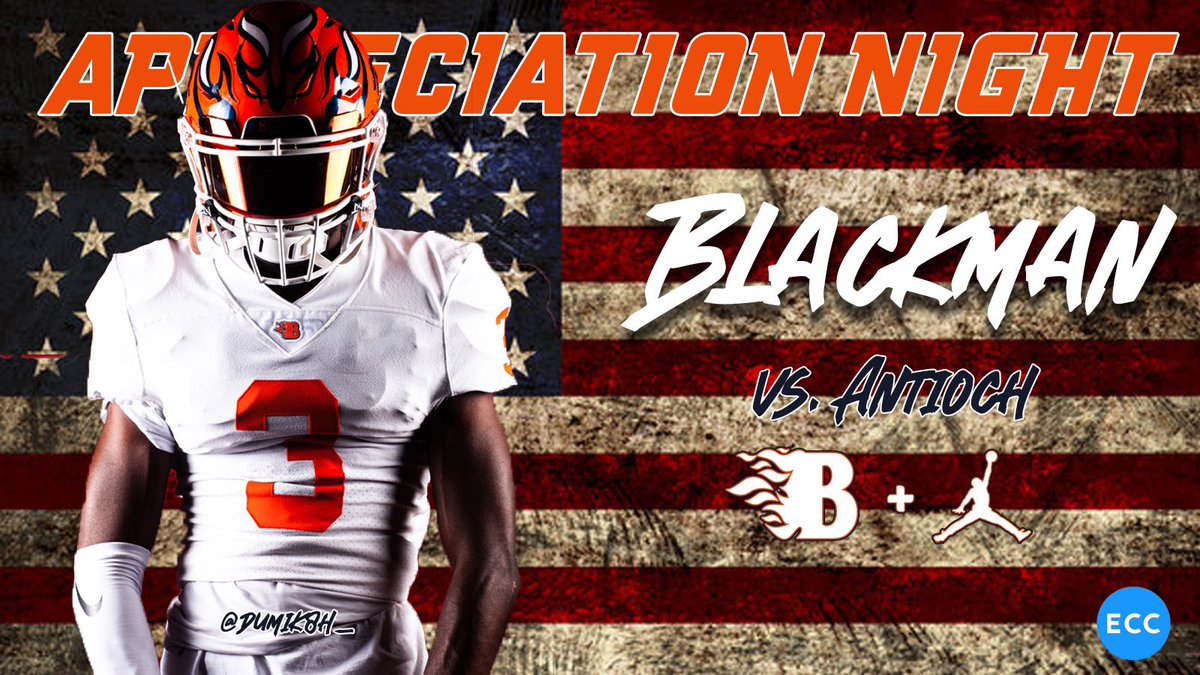 🇺🇸Military &amp; 1st Responder Night🇺🇸
🎓Senior Night🎓
🚁🚁🇺🇸🇺🇸

🏈<a href="/BlackmanFtball/">Blackman Football</a>🆚<a href="/AntiochFootball/">AntiochBearsFootball</a> 
🏫Blackman High School
🏟Bart Smith Field <a href="/TheInferno_BHS/">THE Inferno</a>
📆Friday, September 24th
⏰7pm
📺<a href="/NFHSNetwork/">NFHS Network</a> 
🎟Free Admission with ID! 

Sponsored by: The Experience Community Church