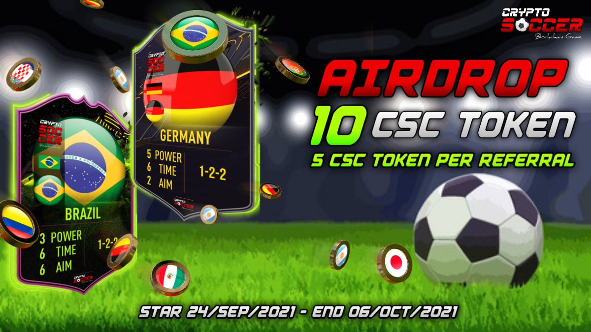 Are you ready to become a legend? 🎮⚽
Participate in our Airdrop and receive rewards in our CSC Token for completing all the tasks and inviting your friends.
Airdrop: 10 CSC
Referred: 5 CSC
🔗 Link: t.me/CryptoSoccerAi…
Start: Sep/24/2021
End: 06/Oct/ 2021