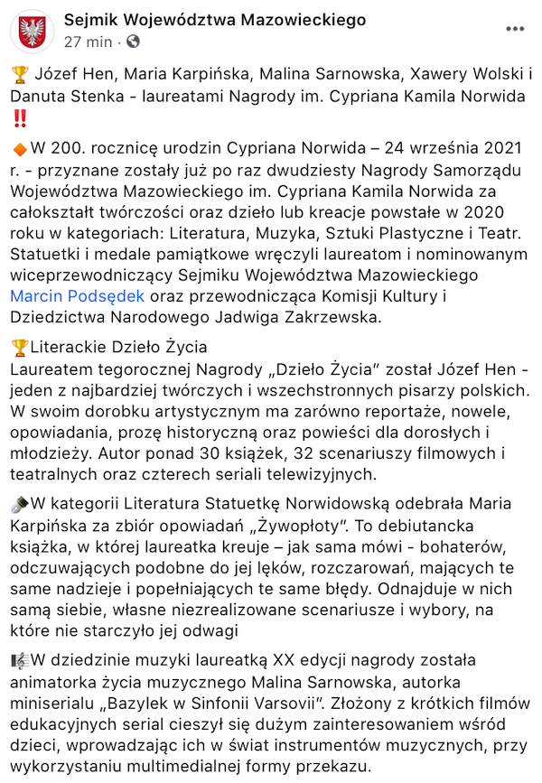 SejmikMaz's tweet photo. 🏆 Józef #Hen, Maria #Karpińska, Malina #Sarnowska, Xawery #Wolski i #Danuta Stenka - laureatami XX edycji Nagrody im. Cypriana Kamila Norwida. Nagrody wręczyli w @TeatrPolskiWawa wiceprzewodniczący #Sejmik #Mazowsze @MarcinPodsedek i przew. Komisji Kultury Jadwiga #Zakrzewska ⤵️ https://t.co/yv2v4y08hi