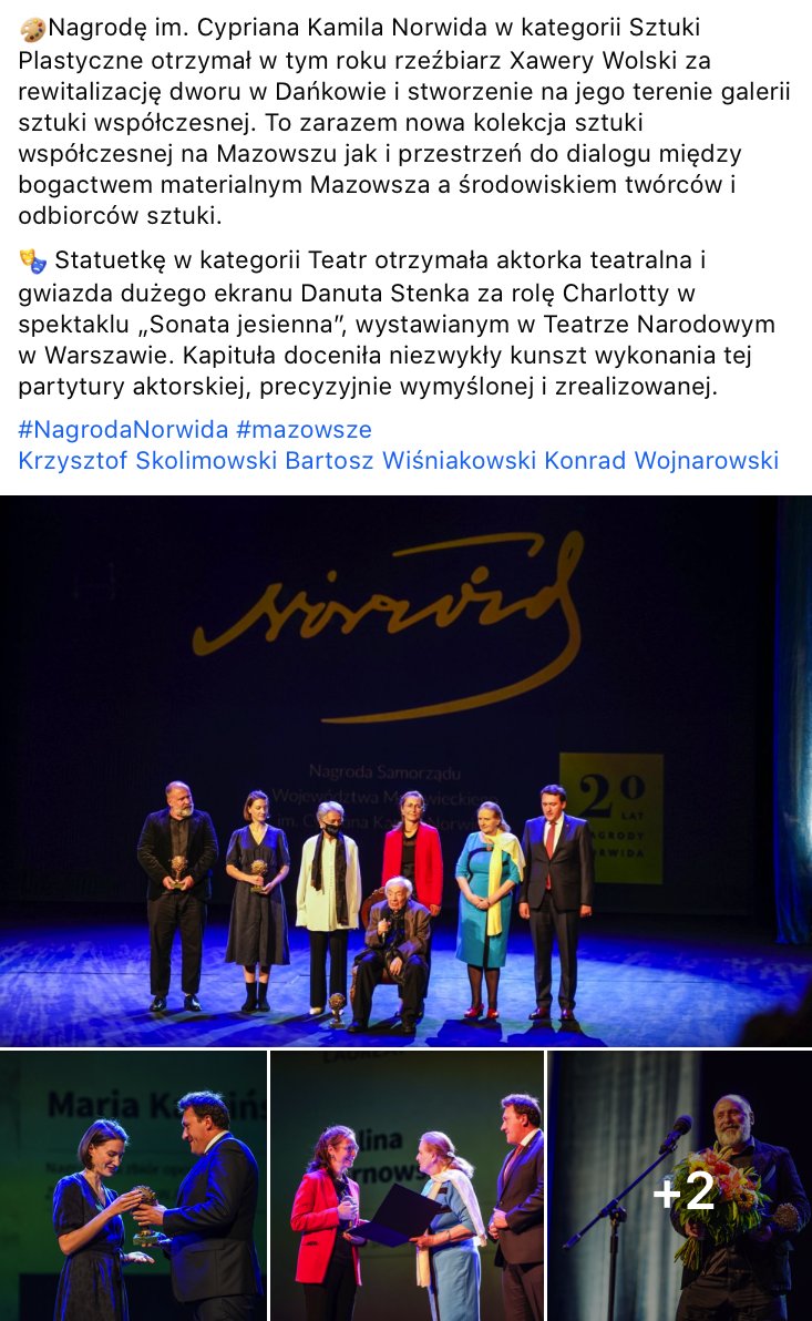 SejmikMaz's tweet photo. 🏆 Józef #Hen, Maria #Karpińska, Malina #Sarnowska, Xawery #Wolski i #Danuta Stenka - laureatami XX edycji Nagrody im. Cypriana Kamila Norwida. Nagrody wręczyli w @TeatrPolskiWawa wiceprzewodniczący #Sejmik #Mazowsze @MarcinPodsedek i przew. Komisji Kultury Jadwiga #Zakrzewska ⤵️ https://t.co/yv2v4y08hi