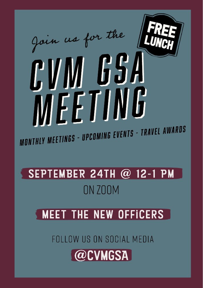 cvmgsa's tweet photo. Howdy Graduate Students!

Join us to kick off the year with our first meeting TODAY from 12-1PM via zoom! https://t.co/QfPY9ly1pf