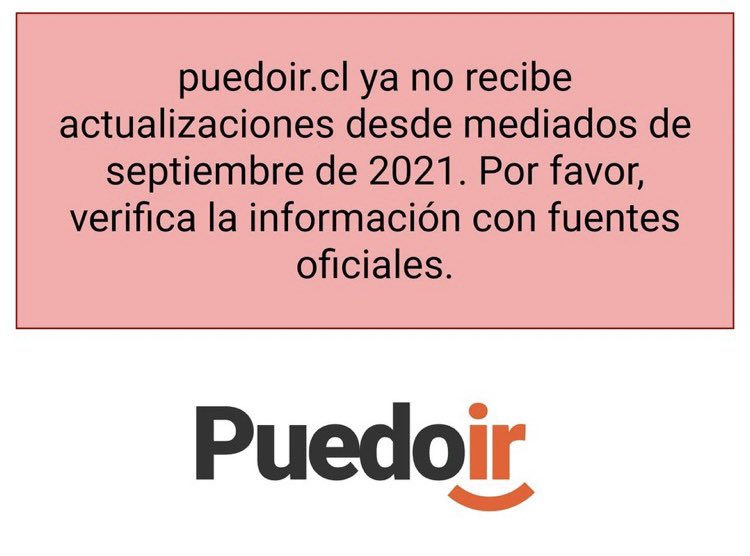 puedoircl's tweet photo. Queremos contarles que https://t.co/layHvIV3DJ dejará de estar activo porque al equipo voluntarios nos superó la carga de actividades y compatibilizarlo con nuestra jornada laboral. Muchas gracias a quienes usaron y recomendaron la página. Nos quedamos con lo bonito de ayudar 🙌🏻 https://t.co/as1bmf53Jo