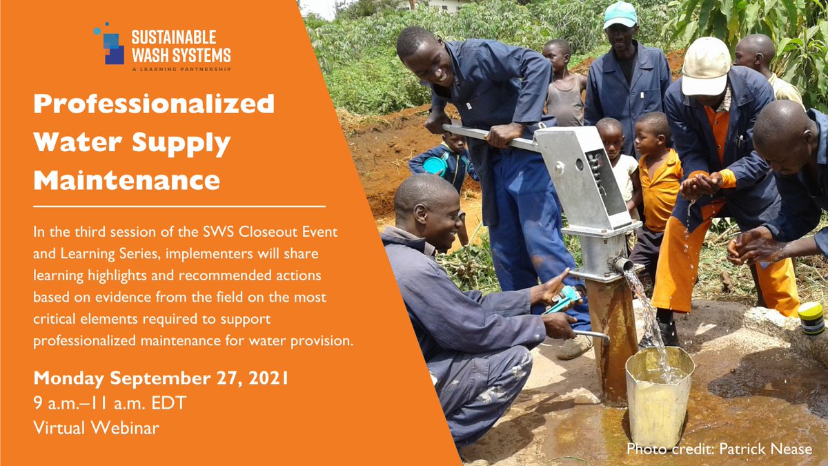 Sustainable WASH Systems (@swspartnership) on Twitter photo Join <a href="/SWSpartnership/">Sustainable WASH Systems</a> for #SWSlearnings in Professionalized Water Supply Maintenance this Monday 💧🕘💙 Register at link below
@SusanDavisWASH <a href="/WASH4Work/">WASH4Work</a> @WASHstrong <a href="/WASHClusterGlob/">Global WASH Cluster</a> <a href="/wash_institute/">WASH Institute</a> <a href="/UN_Water/">UN-Water</a> <a href="/RWJF/">RWJF</a> @1waterkat <a href="/circleofblue/">Circle of Blue</a> <a href="/WorldResources/">World Resources Institute</a> @Delft @ecowarriors Join <a href="/SWSpartnership/">Sustainable WASH Systems</a> for #SWSlearnings in Professionalized Water Supply Maintenance this Monday 💧🕘💙 Register at link below
@SusanDavisWASH <a href="/WASH4Work/">WASH4Work</a> @WASHstrong <a href="/WASHClusterGlob/">Global WASH Cluster</a> <a href="/wash_institute/">WASH Institute</a> <a href="/UN_Water/">UN-Water</a> <a href="/RWJF/">RWJF</a> @1waterkat <a href="/circleofblue/">Circle of Blue</a> <a href="/WorldResources/">World Resources Institute</a> @Delft @ecowarriors