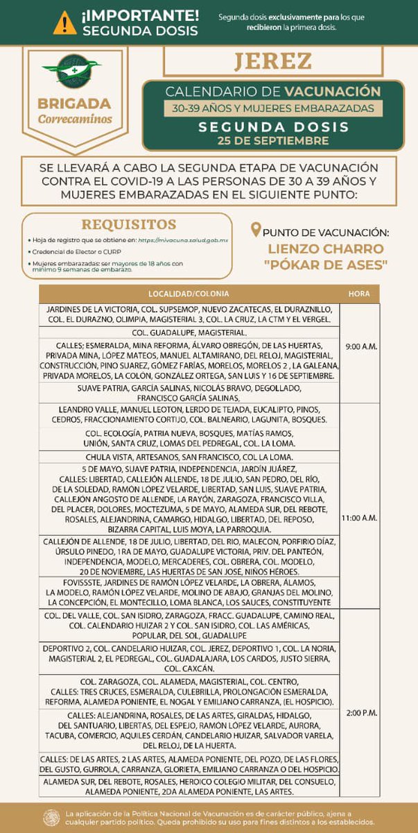 gobiernozac's tweet photo. 💉| La @DPDZac comparte el listado para la aplicación de segunda dosis de vacuna contra #COVID19 en adultos de 30 a 39 años y mujeres embarazadas, este sábado 25 de septiembre en #Momax, #VillaGarcía, #NoriaDeÁngeles, #Tlaltenango, #Tepetongo, #Atolinga y #Jerez. https://t.co/fZq7tDr3AA