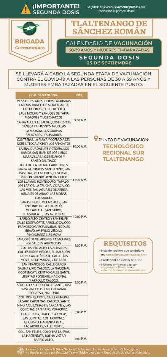 gobiernozac's tweet photo. 💉| La @DPDZac comparte el listado para la aplicación de segunda dosis de vacuna contra #COVID19 en adultos de 30 a 39 años y mujeres embarazadas, este sábado 25 de septiembre en #Momax, #VillaGarcía, #NoriaDeÁngeles, #Tlaltenango, #Tepetongo, #Atolinga y #Jerez. https://t.co/fZq7tDr3AA