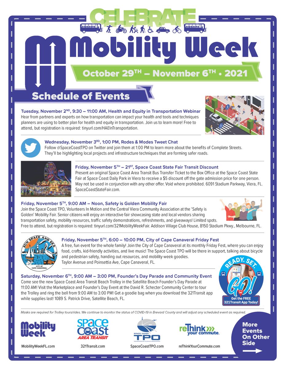 SpaceCoastTPO's tweet photo. #FeelGoodFriday Who's ready for 2021 #MobilityWeekCFL? The SCTPO, @321Transit, @reThink_CFL, and @MyFDOT_CFL have some amazing events and programs planned.π₯³ Interested in attending an event? Read the full press release here: https://t.co/qMLKQfgw5t https://t.co/4LFQLQ1SkJ