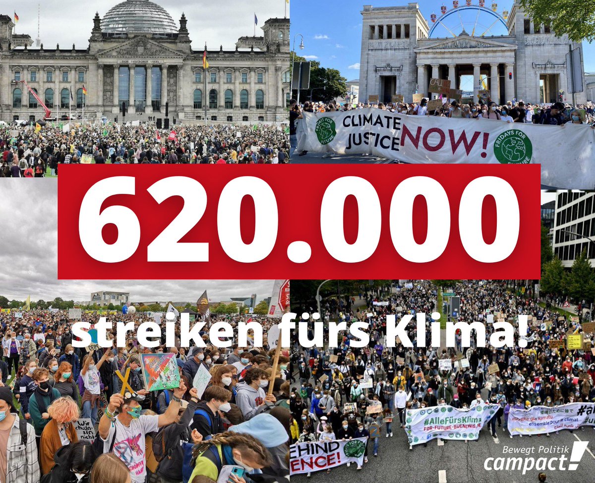 🚨 MEGA-NEWS🚨 Es ist offiziell: Unfassbare 620.000 Menschen streiken heute mit #FridaysForFuture in ganz Deutschland: #AlleFürsKlima! 😍 Heute lautstark auf der Straße und am Sonntag dann stimmstark in den Wahlkabinen: Wir wählen Klimaschutz. RT, wenn Du dabei bist. #Klimastreik