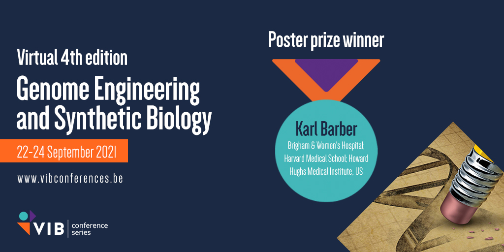 VIBLifeSciences's tweet photo. The #GESB21 poster prize winner is @KarlBarbr of @BrighamWomens, @harvardmed and @HHMINEWS with his research on dCas9-fusion peptide library display and DNA-templated peptide microarray self-assembly for quantitative protein binding assays. Congratulations! 🏅🥂 https://t.co/RC0pfb6cHH