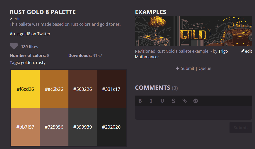 trigonomancer's tweet photo. Pleasantly surprised to see my color palette "#rustgold8" is still getting downloads and likes!
https://t.co/KNOFHbDReV https://t.co/W8t630dKpv
