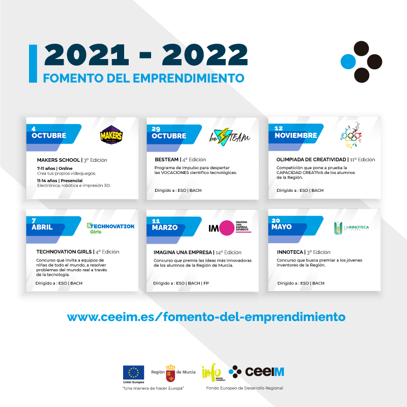 CeeiMurcia's tweet photo. Alumnos y profesores de la Región de Murcia, id haciendo hueco en vuestra agenda para desarrollar vuestra innovación y capacidad creativa al máximo. ¡Listos para el curso 21/22! 🔵⚫
#MakersSchool #BeSTEAM #OlimpiadaCreativa #TechnovationGirls #IMAGINA22 #INNOTECA22 https://t.co/LD0yuHTNMv