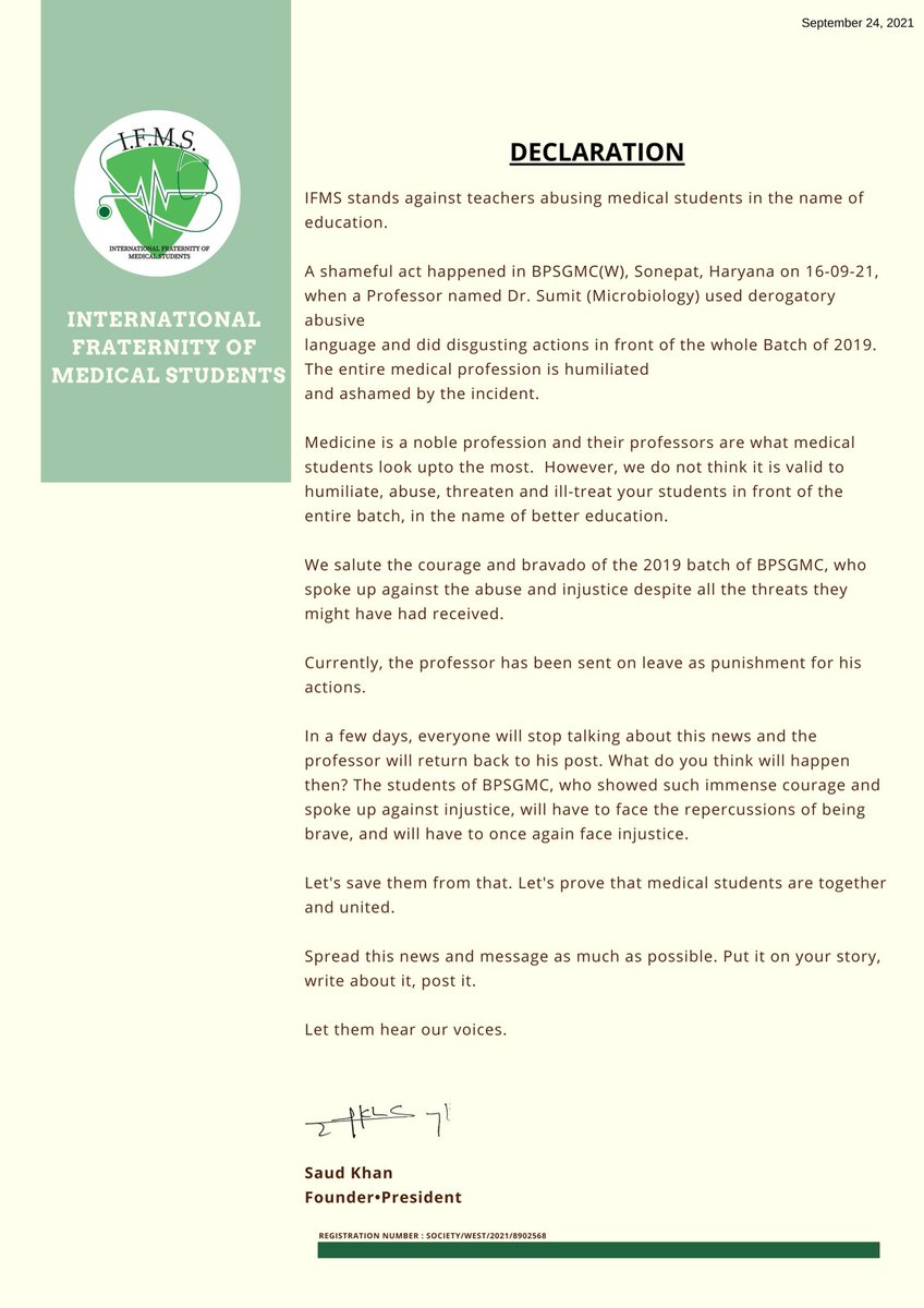 _IFMS's tweet photo. IFMS stands against teachers abusing medical students in the name of education.

We salute the courage and bravado of the 2019 batch of BPSGMC, who spoke up against the abuse and injustice despite all the threats they might have had received. https://t.co/P5QD5jUXcH