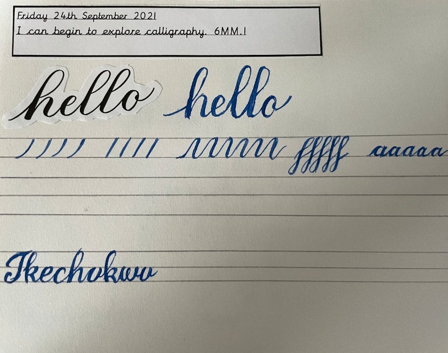 Year 6 have been having fun developing their calligraphy skills in Art, taking inspiration from the artist Hassan Massoudy. Ike has shown some great skills so far!