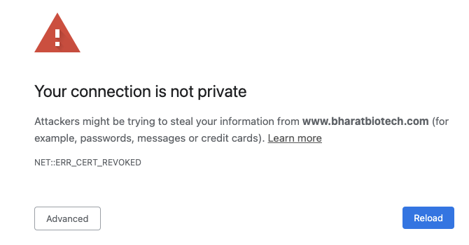 satishkore's tweet photo. @BharatBiotech do you realize that your website's certificate is revoked and it cannot be loaded in browsers? https://t.co/bIJzmRHllq