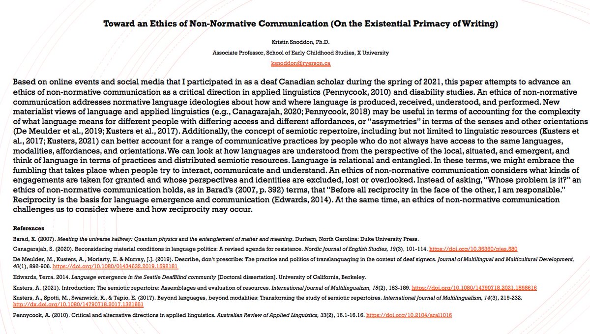 Upcoming talk for York U addressing the pervasiveness of linguistic structuralism and representationalism, and normative language ideologies. Toward an ethics of non-normative communication (On the existential primacy of writing) #DeafInAcademiaRollCall