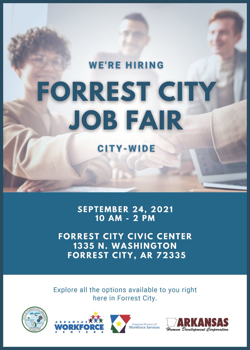 ArkansasDWS's tweet image. Today 👏 is 👏the 👏 day! Your next opportunity awaits! Find it at the Forrest City Job Fair today from 10 a.m. -2 p.m. at the Forrest City Civic Center #ForrestCity #Arkansas #JobFair #HiringAR #WorkforceMonth