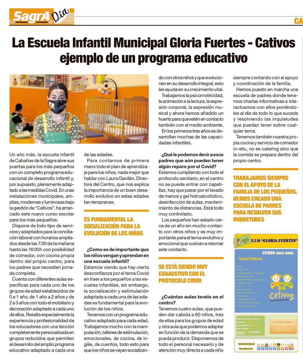 CativosEi's tweet photo. Compartimos con vosotros este reportaje del periódico La Sagra al día sobre el programa educativo que se lleva a cabo en nuestra escuela EIM Gloria Fuertes, en #CabañasdelaSagra (Toledo) 😊👇

#Cativos #escuelainfantil https://t.co/yIZFq22wLp