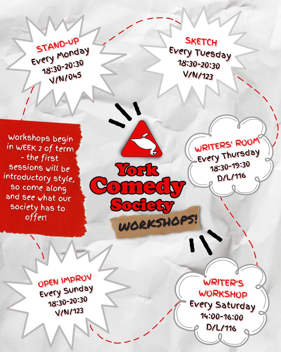 ‼️Our confirmed workshop timings &amp; locations for the year‼️

Workshops are fun and open places to try out something different, develop new skills, and socialise in a friendly, creative environment! 

Join the workshop FB groups &amp; check out our Linktree for everything ComedySoc!🦆