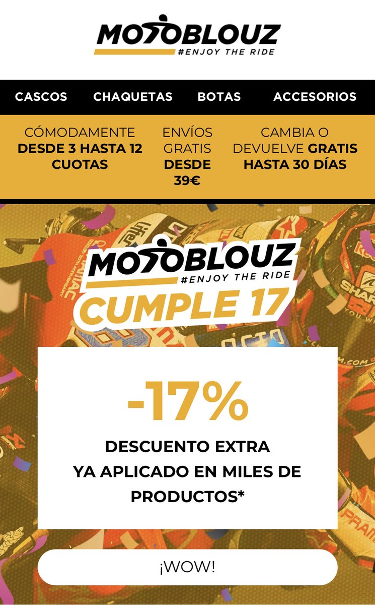 Motoblouz_es's tweet photo. 🥳🥳Seguimos con las sorpresas en nuestro aniversario.
Solo hasta el lunes os ofrecemos una promoción a la que no os podréis resistir😋.

#Motoblouz #EnjoyTheRide #17aniversario #cumple #promo https://t.co/Z6utzKfrSq