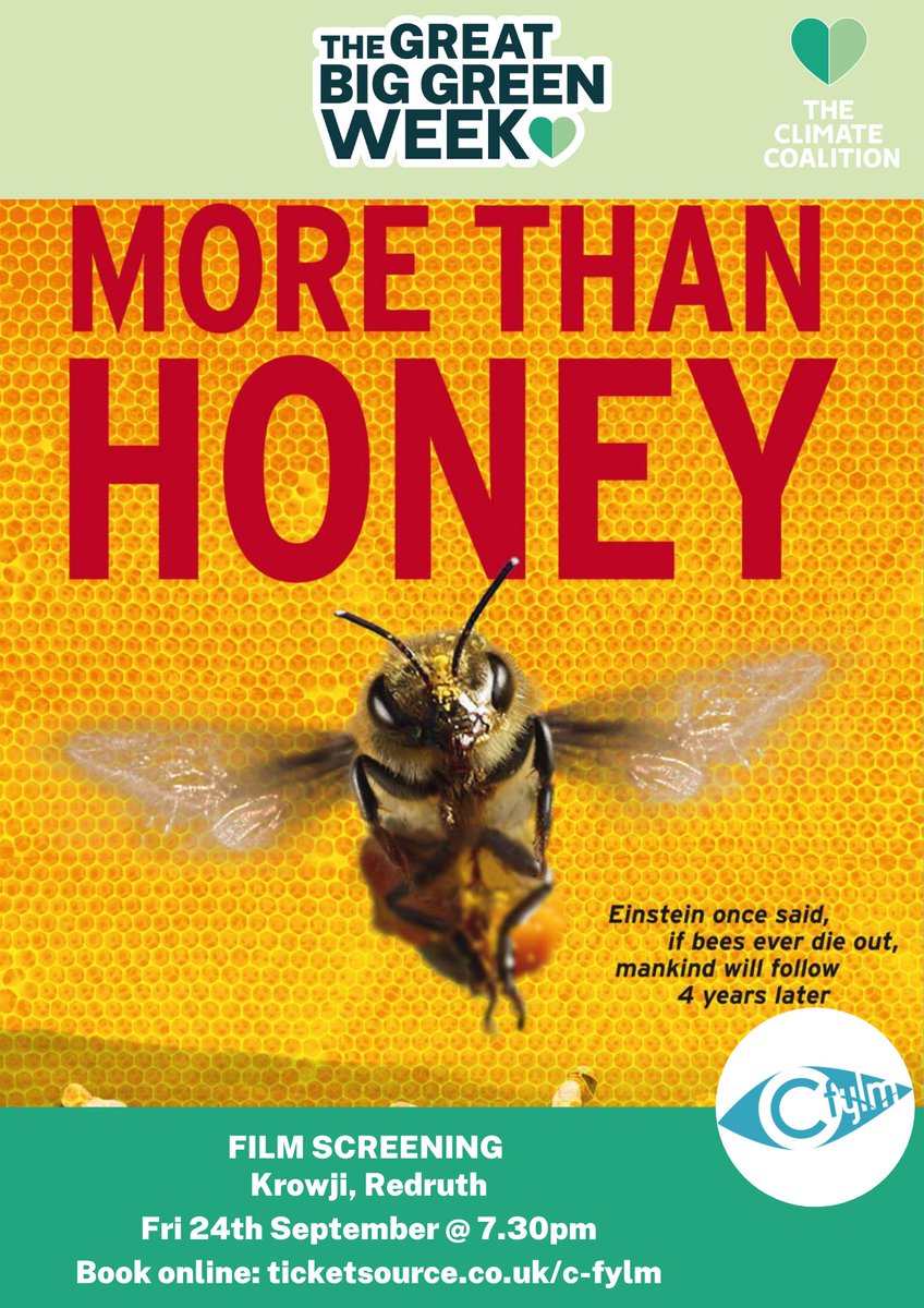More Than Honey screening at @krowji, Redruth Tonight at 7.30pm Beekeepers, scientists and others discuss the world's declining bee population and what it may mean for modern society. Tickets are Pay What You Can: ticketsource.co.uk/c-fylm/t-rkdomj #GreatBigGreenWeek