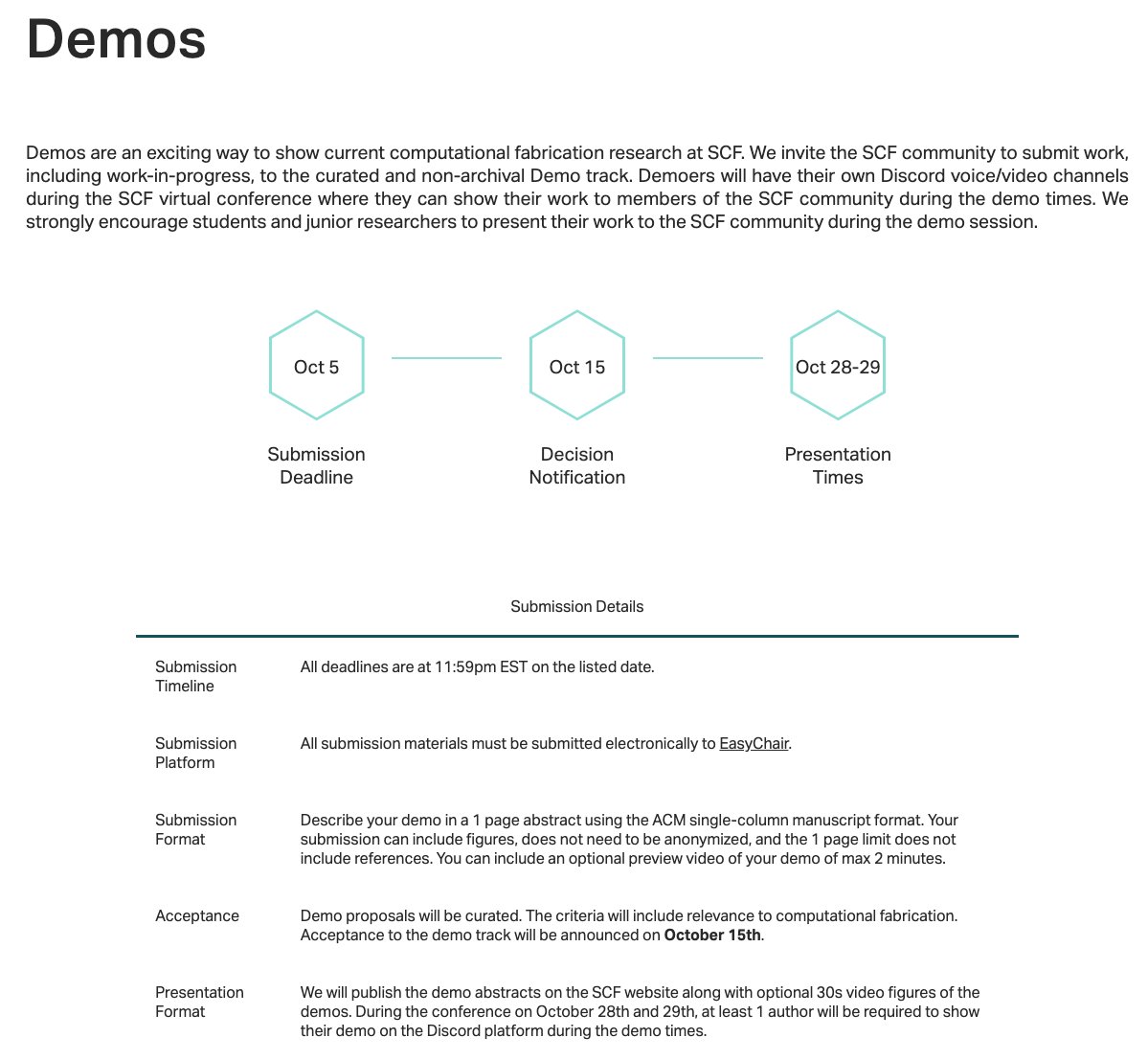 Emily Whiting (@emilyjwhiting) on Twitter photo Demo your computational fabrication research at SCF! Curated and non-archival. We welcome previously published work or works-in-progress. An exciting way to engage with the comp fab community!
Deadline Oct 5
Virtual event Oct 28-29
Demo chair <a href="/nadyapeek/">Nadya Peek</a>
scf.acm.org/2021/submissio… Demo your computational fabrication research at SCF! Curated and non-archival. We welcome previously published work or works-in-progress. An exciting way to engage with the comp fab community!
Deadline Oct 5
Virtual event Oct 28-29
Demo chair <a href="/nadyapeek/">Nadya Peek</a>
scf.acm.org/2021/submissio…