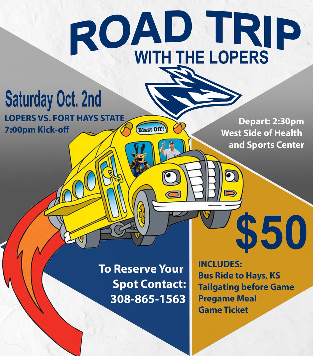 UNK_Athletics's tweet photo. ‼️ROAD TRIP WITH THE LOPERS‼️

UNK Football vs. Fort Hays // October 2nd

Reserve your spot online and pay with a credit card at:

https://t.co/Vr5CE7IXOV

To Pay in Cash or Check Call: 308-865-1563

@UNK_Football https://t.co/kJt6OJWBqG