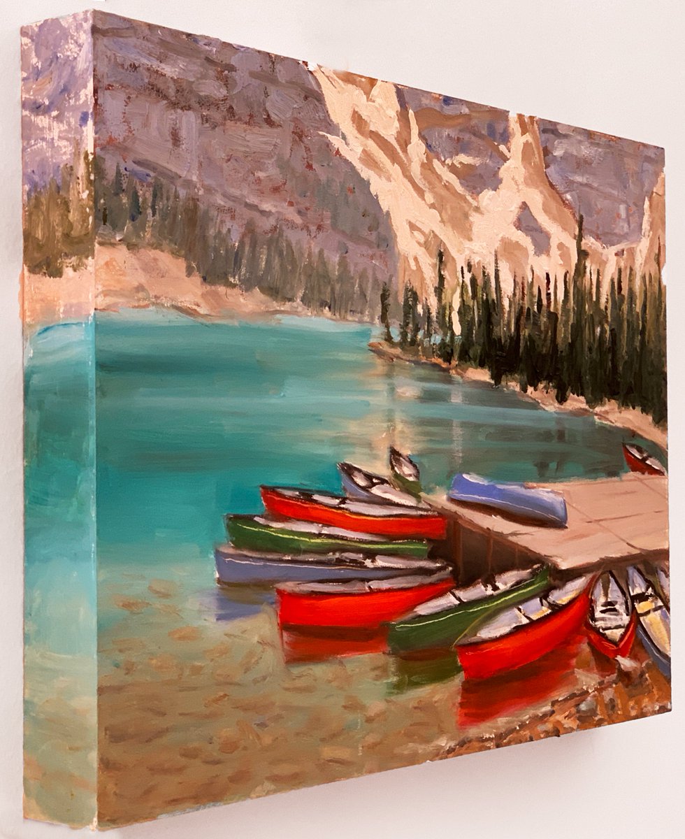 mkhirji's tweet photo. Colours On Moraine Lake - *|https://t.co/Ci9puzrPbD|* "Colours On Moraine Lake" Oil Painting.  Another of the fabulous reference for painting provided by Linda Wilder on a FB page. The focus is on the colourful boats in the foreground. https://t.co/6l0mfSU7Cn