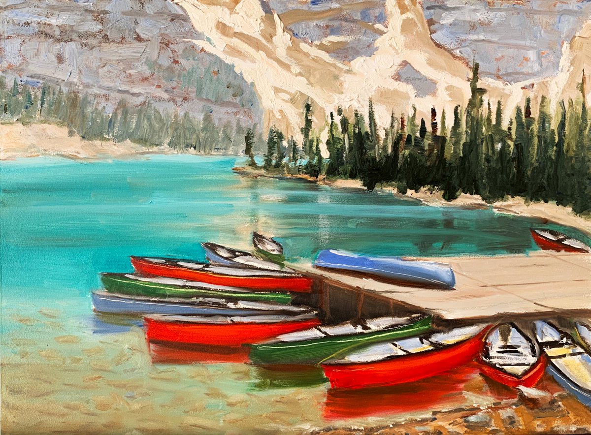 mkhirji's tweet photo. Colours On Moraine Lake - *|https://t.co/Ci9puzrPbD|* "Colours On Moraine Lake" Oil Painting.  Another of the fabulous reference for painting provided by Linda Wilder on a FB page. The focus is on the colourful boats in the foreground. https://t.co/6l0mfSU7Cn