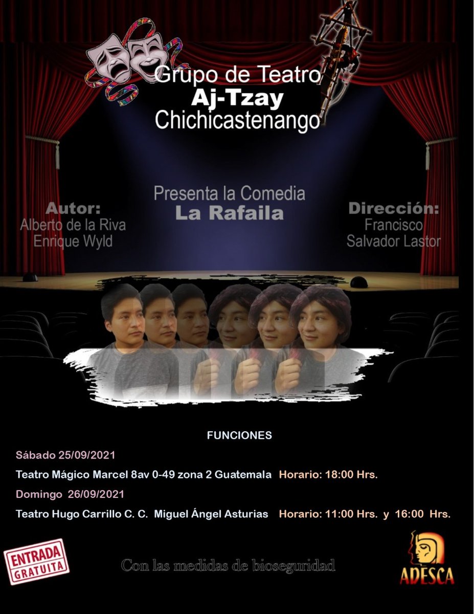 adescagt's tweet photo. #Teatro 
¡Este fin de semana!
Se presentará la Comedia #LaRafaila. 
Sábado 25 de septiembre
Teatro Mágico Marcel 18hrs 
Domingo 26 de septiembre doble función
Teatro Hugo Carrillo del @CCMAA_oficial
11am. y 16hrs. 
ENTRADA GRATUITA CON POCO AFORO
#ADESCA #AlServiciodelaCultura https://t.co/dc1eJz16vK