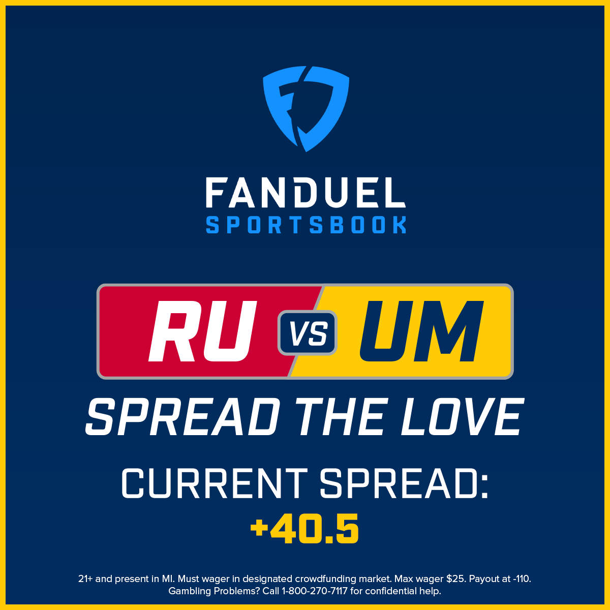 FanDuelSports's tweet photo. 🗣 𝗠𝗜𝗖𝗛𝗜𝗚𝗔𝗡

You guys have HAMMERED Michigan's spread all the way up to +40.5! 🔨

With more than 24 hours until kickoff, how much higher can that line go?

Jump in and SPREAD THE LOVE 💰
Apple: https://t.co/155fR9VeSj
Android: https://t.co/pf4AUe6qVn https://t.co/3S8Bvb9XkV