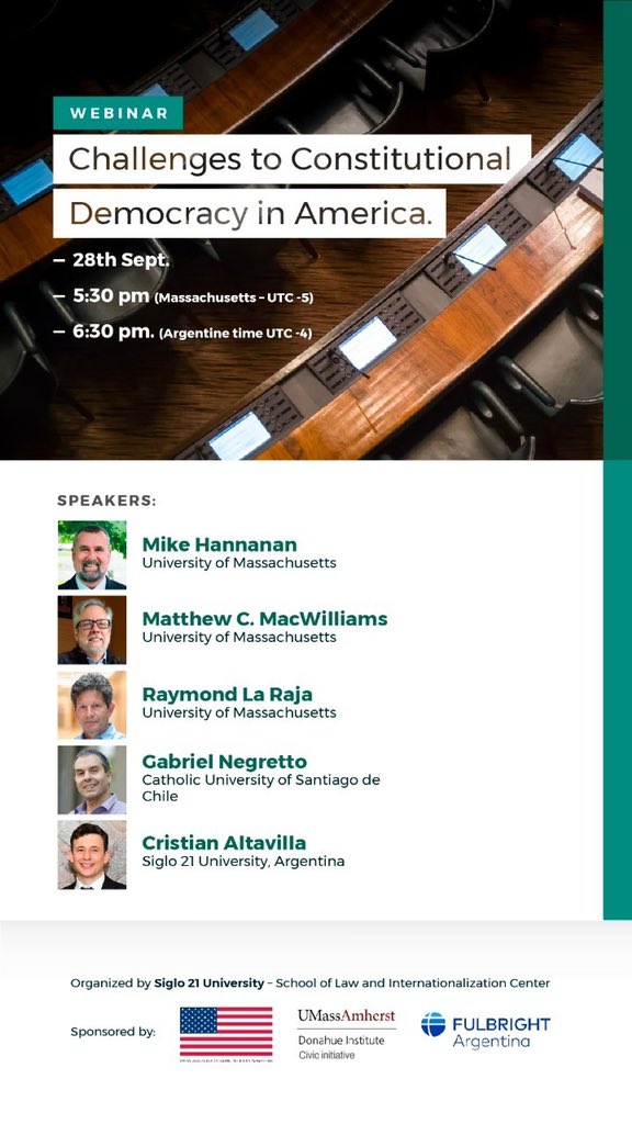 MendeMariaBelen's tweet photo. Quiero invitarlos a formar del parte del Webinar "Challenges to Constitutional Democracy", organizado por @LaSiglo21 junto a profesores de la University of Massachusetts, con el soporte del programa @FulbrightArg y la @EmbajadaEEUUarg

Martes 28 - 18.30 → https://t.co/vPzOdW9zLy https://t.co/fG7jm7EHhy